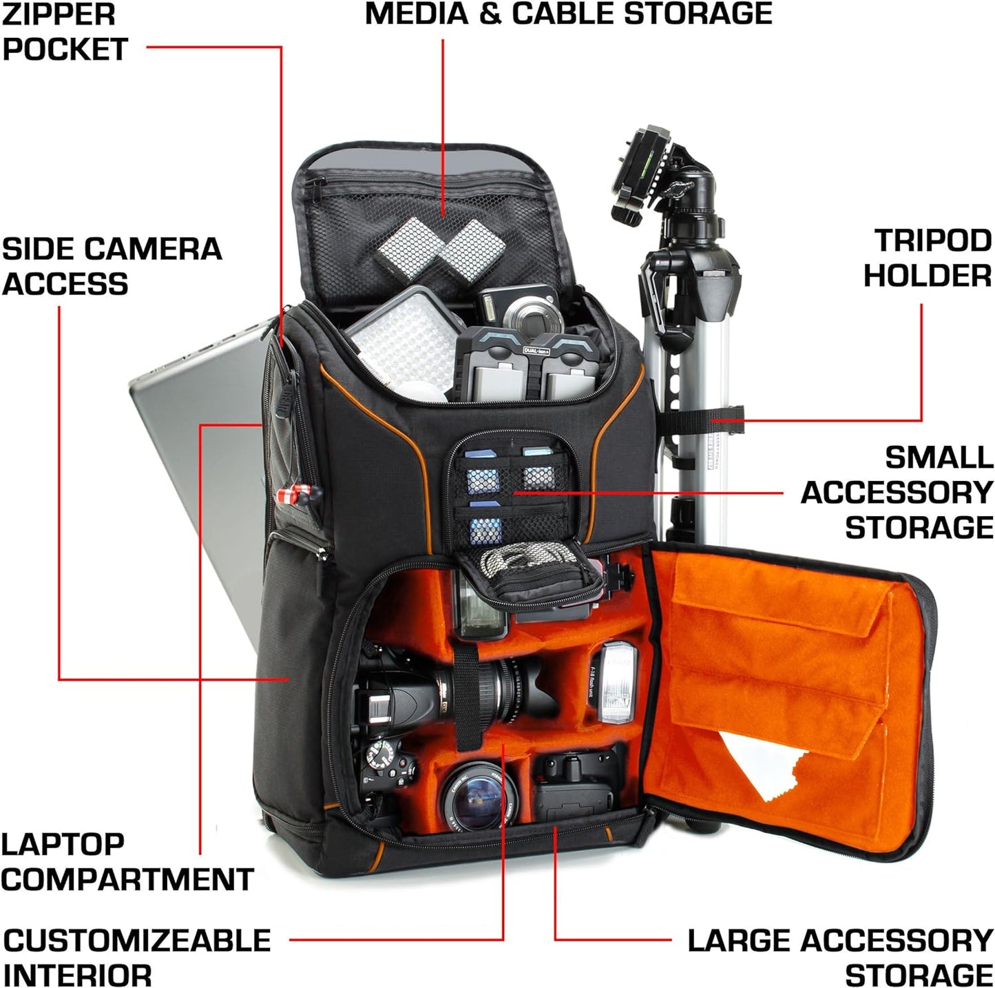 DSLR Camera Backpack Case (Orange) - 15.6 Inch Laptop Compartment, Padded Custom Dividers, Tripod Holder, Rain Cover, Long-Lasting Durability and Storage Pockets - Compatible with Many Dslrs