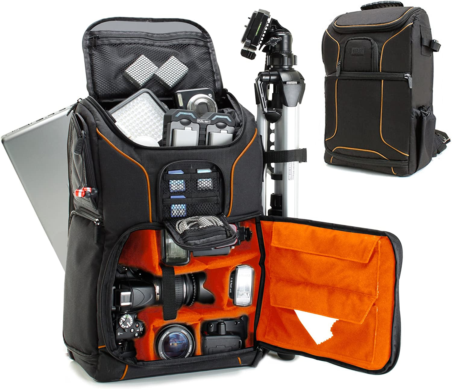 DSLR Camera Backpack Case (Orange) - 15.6 Inch Laptop Compartment, Padded Custom Dividers, Tripod Holder, Rain Cover, Long-Lasting Durability and Storage Pockets - Compatible with Many Dslrs