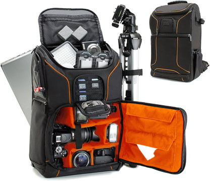 DSLR Camera Backpack Case (Orange) - 15.6 Inch Laptop Compartment, Padded Custom Dividers, Tripod Holder, Rain Cover, Long-Lasting Durability and Storage Pockets - Compatible with Many Dslrs