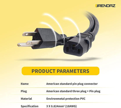 18 AWG Universal Power Cord – Replacement 3-Prong Power Connector Works for Computer, Pcs, Monitors, Printers, Amplifiers, Scanners, TV (IEC320 C13 to NEMA 5-15P) (3-Feet)