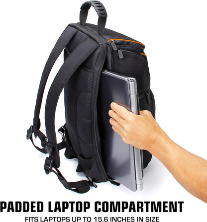 DSLR Camera Backpack Case (Orange) - 15.6 Inch Laptop Compartment, Padded Custom Dividers, Tripod Holder, Rain Cover, Long-Lasting Durability and Storage Pockets - Compatible with Many Dslrs