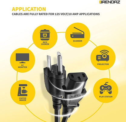 18 AWG Universal Power Cord – Replacement 3-Prong Power Connector Works for Computer, Pcs, Monitors, Printers, Amplifiers, Scanners, TV (IEC320 C13 to NEMA 5-15P) (3-Feet)